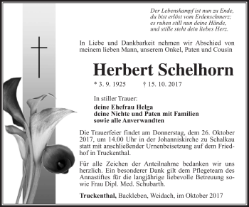 Traueranzeige von Herbert Schelhorn von Südthüringer Presse