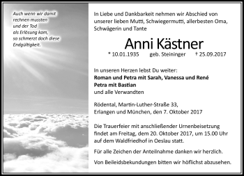 Traueranzeige von Anni Kästner von Neue Presse Coburg