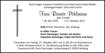 Traueranzeige von Renate Pöhlmann von Frankenpost