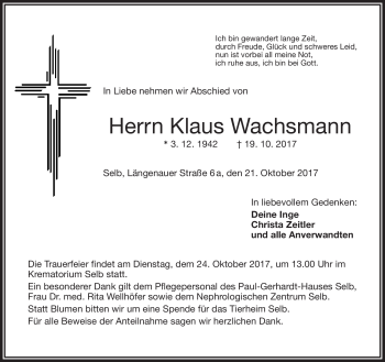 Traueranzeige von Klaus Wachsmann von Frankenpost