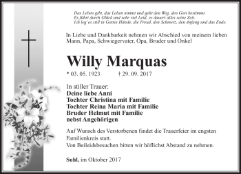 Traueranzeige von Willy Marquas von Südthüringer Presse
