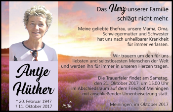 Traueranzeige von Antje Hüther von Südthüringer Presse