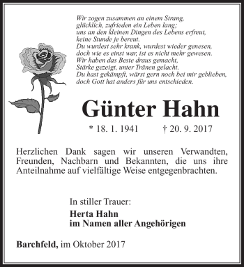 Traueranzeige von Günter Hahn von Südthüringer Presse