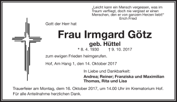 Traueranzeige von Irmgard Götz von Frankenpost