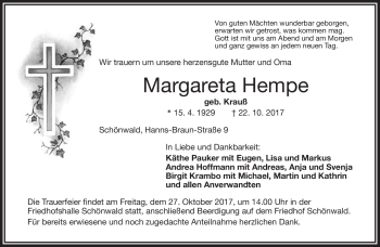 Traueranzeige von Margareta Hempe von Frankenpost