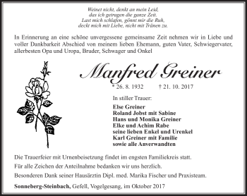 Traueranzeige von Manfred Greiner von Südthüringer Presse