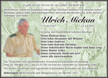 Traueranzeige von Ulrich Mickan von Südthüringer Presse