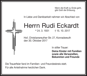 Traueranzeige von Rudi Eckardt von Frankenpost