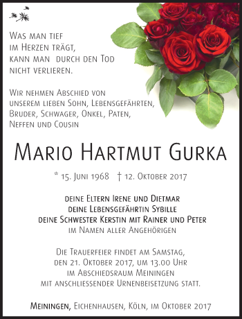Traueranzeige von Mario Gurka von Südthüringer Presse