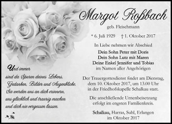Traueranzeige von Margot Roßbach von Südthüringer Presse