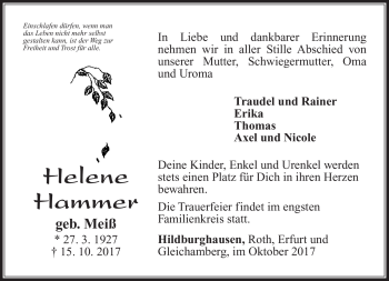 Traueranzeige von Helene Hammer von Südthüringer Presse