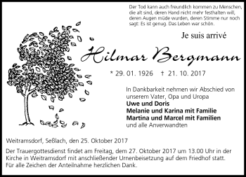Traueranzeige von Hilmar Bergmann von Neue Presse Coburg