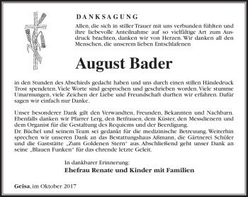 Traueranzeige von August Bader von Südthüringer Presse
