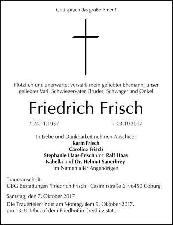 Traueranzeige von Friedrich Frisch von Neue Presse Coburg