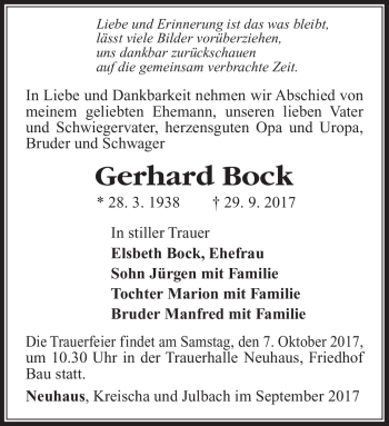 Traueranzeige von Gerhard Bock von Südthüringer Presse
