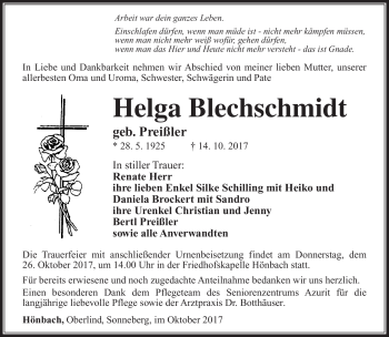 Traueranzeige von Helga Blechschmidt von Südthüringer Presse