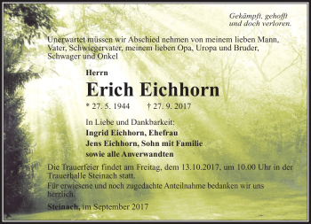 Traueranzeige von Erich Eichhorn von Südthüringer Presse