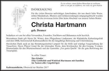 Traueranzeige von Christa Hartmann von Südthüringer Presse