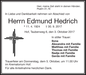 Traueranzeige von Edmund Hedrich von Frankenpost