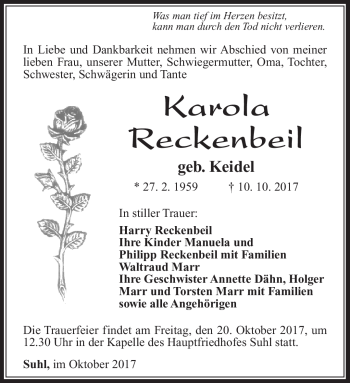 Traueranzeige von Karola Reckenbeil von Südthüringer Presse
