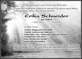 Traueranzeige von Erika Schneider von Südthüringer Presse