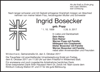 Traueranzeige von Ingrid Bosecker von Neue Presse Coburg