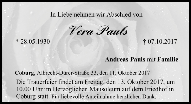 Traueranzeige für Vera Pauls vom 11.10.2017 aus Neue Presse Coburg