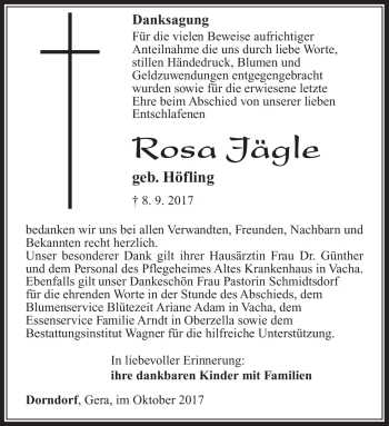 Traueranzeige von Rosa Jägle von Südthüringer Presse