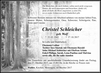 Traueranzeige von Christel Schleicher von Südthüringer Presse