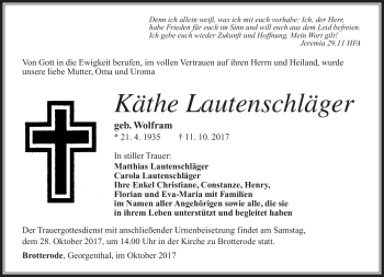 Traueranzeige von Käthe Lautenschläger von Südthüringer Presse