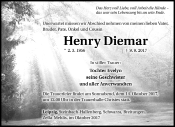 Traueranzeige von Henry Diemar von Südthüringer Presse