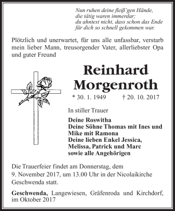 Traueranzeige von Reinhard Morgenroth von Südthüringer Presse