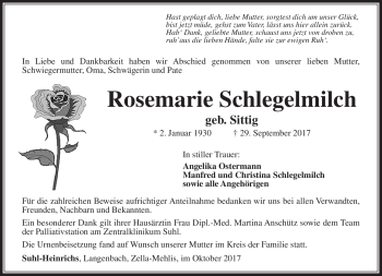 Traueranzeige von Rosemarie Schlegelmilch von Südthüringer Presse