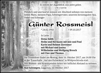 Traueranzeige von Günter Rossmeisl von Südthüringer Presse