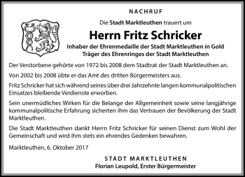 Traueranzeige von Fritz Schricker von Frankenpost