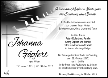 Traueranzeige von Johanna Göpfert von Südthüringer Presse