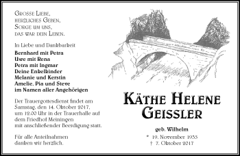 Traueranzeige von Käthe Helene Geissler von Südthüringer Presse