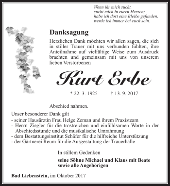 Traueranzeige von Kurt Erbe von Südthüringer Presse