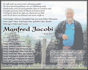 Traueranzeige von Manfred Jacobi von Südthüringer Presse