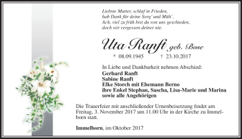 Traueranzeige von Uta Ranft von Südthüringer Presse