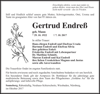Traueranzeige von Gertrud Endreß von Südthüringer Presse