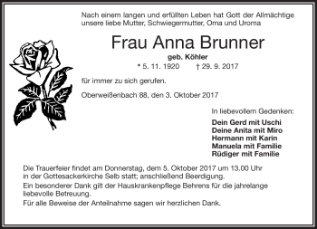 Traueranzeige von Anna Brunner von Frankenpost