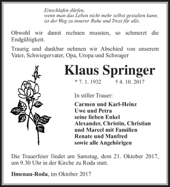 Traueranzeige von Klaus Springer von Südthüringer Presse