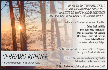 Traueranzeige von Gerhard Kühner von Südthüringer Presse
