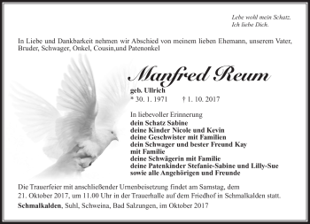 Traueranzeige von Manfred Reum von Südthüringer Presse