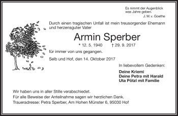 Traueranzeige von Armin Sperber von Frankenpost