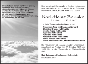 Traueranzeige von Karl-Heinz Bormke von Südthüringer Presse