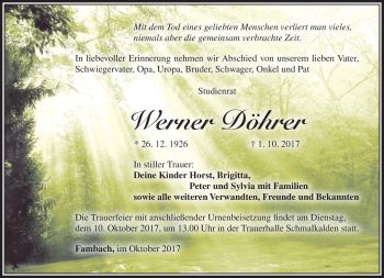 Traueranzeige von Werner Döhrer von Südthüringer Presse