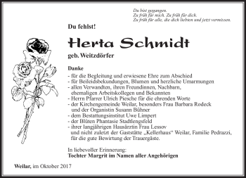 Traueranzeige von Herta Schmidt von Südthüringer Presse