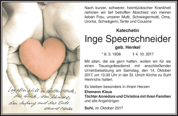 Traueranzeige von Inge Speerschneider von Südthüringer Presse